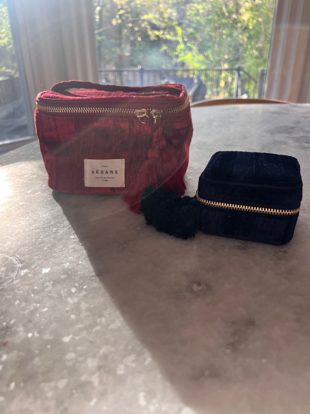 Sézane Red Velvet Tassel Pouch & Navy Velvet Jewelry Case